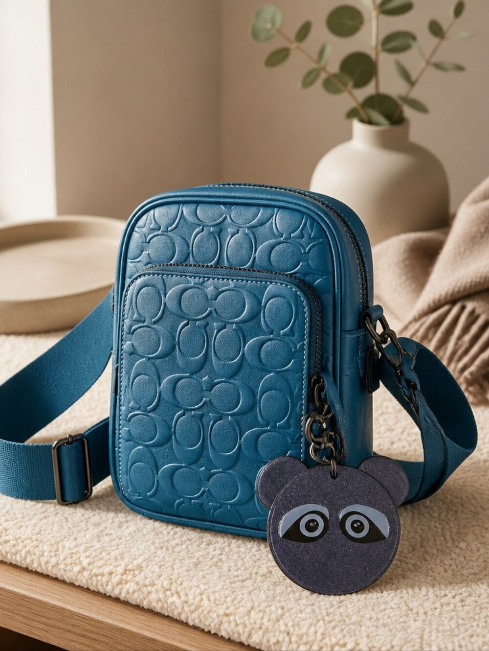 Coach Teal Blue Signature Embossed Sling Bag with Coach Bear Charm Added